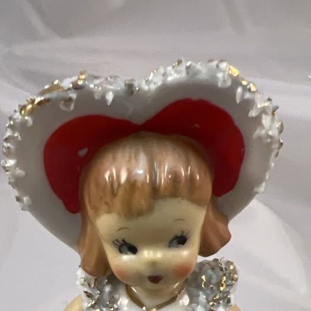 Vintage Lefton Valentine Girl Bell -- Heart Hat, Spaghetti Trim with Gold, 4.5 I